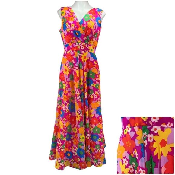 Montgomery Ward Dresses & Skirts - Montgomery Ward Vintage Vibrant Floral Pink V Neck Sleeveless Maxi Dress Size 16